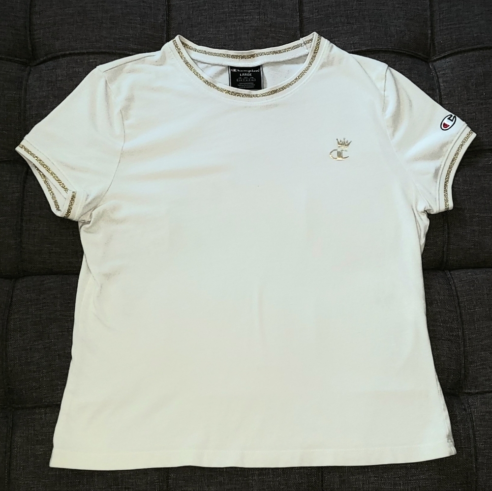 Y2k Champion Ringer tee short sleeve with gold shiny edging around neck LARGE